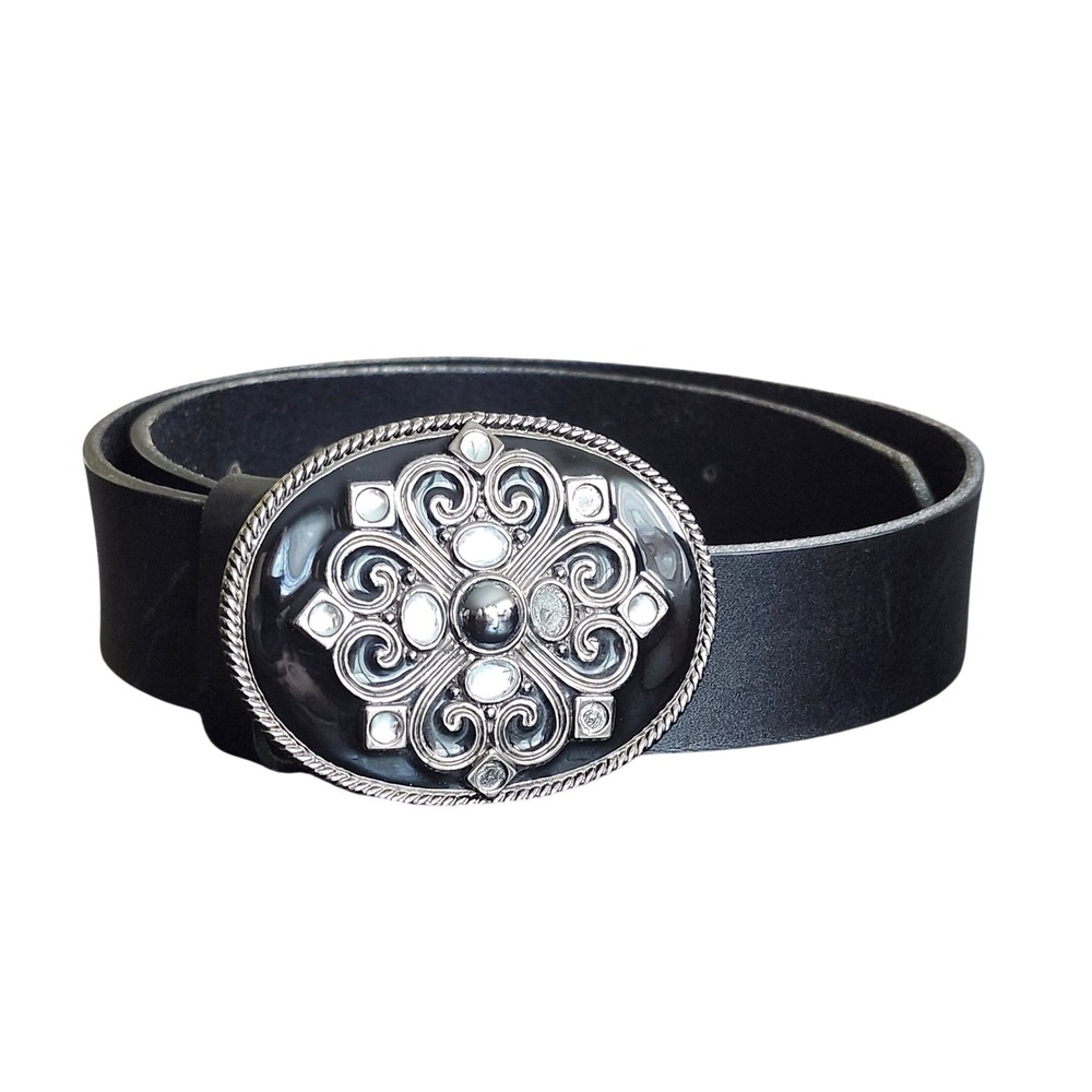 Express Belt Womens Small Black Leather Silver Filigree Rhinestone Buckle USA